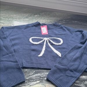 Edikted Navy Sweater with Ivory Bow Accent